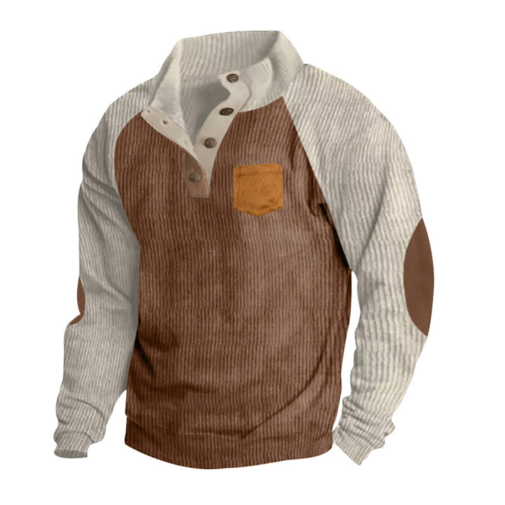 Herren nan strukturierter Halbknopf-Strickpullover im Cord-Look mit Raglanärmeln, aufgesetzter Brusttasche und Ellenbogenpatches Drune