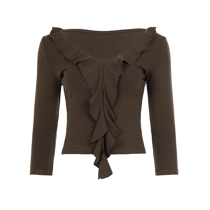 Damen nan tailliertes Langarmshirt mit tiefem V-Ausschnitt und eingesetzter Volant-Rüsche Drune