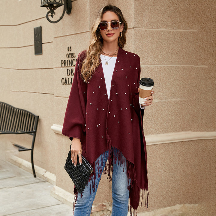 Damen Eleganter Poncho mit floralem Stickmuster und fransigen Kanten Drune