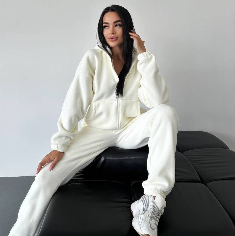 Damen Fleece-Loungewear-Anzug mit Reißverschluss und Kapuze Drune