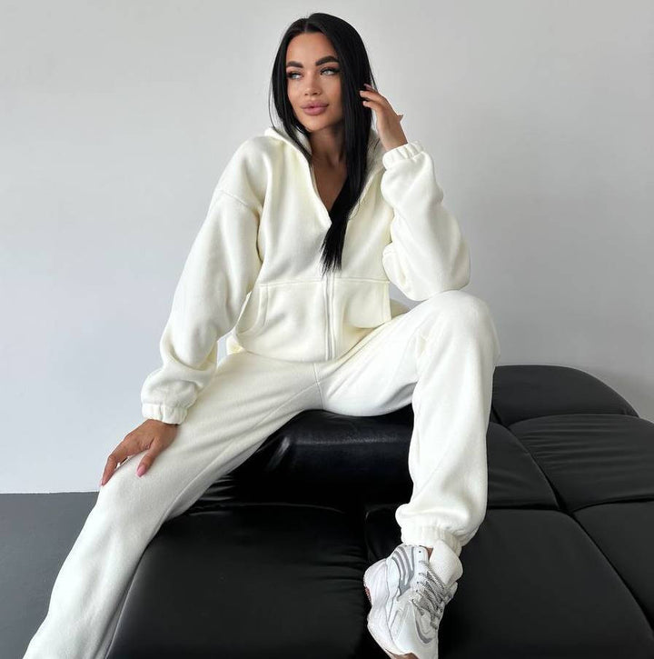 Damen Fleece-Loungewear-Anzug mit Reißverschluss und Kapuze Drune