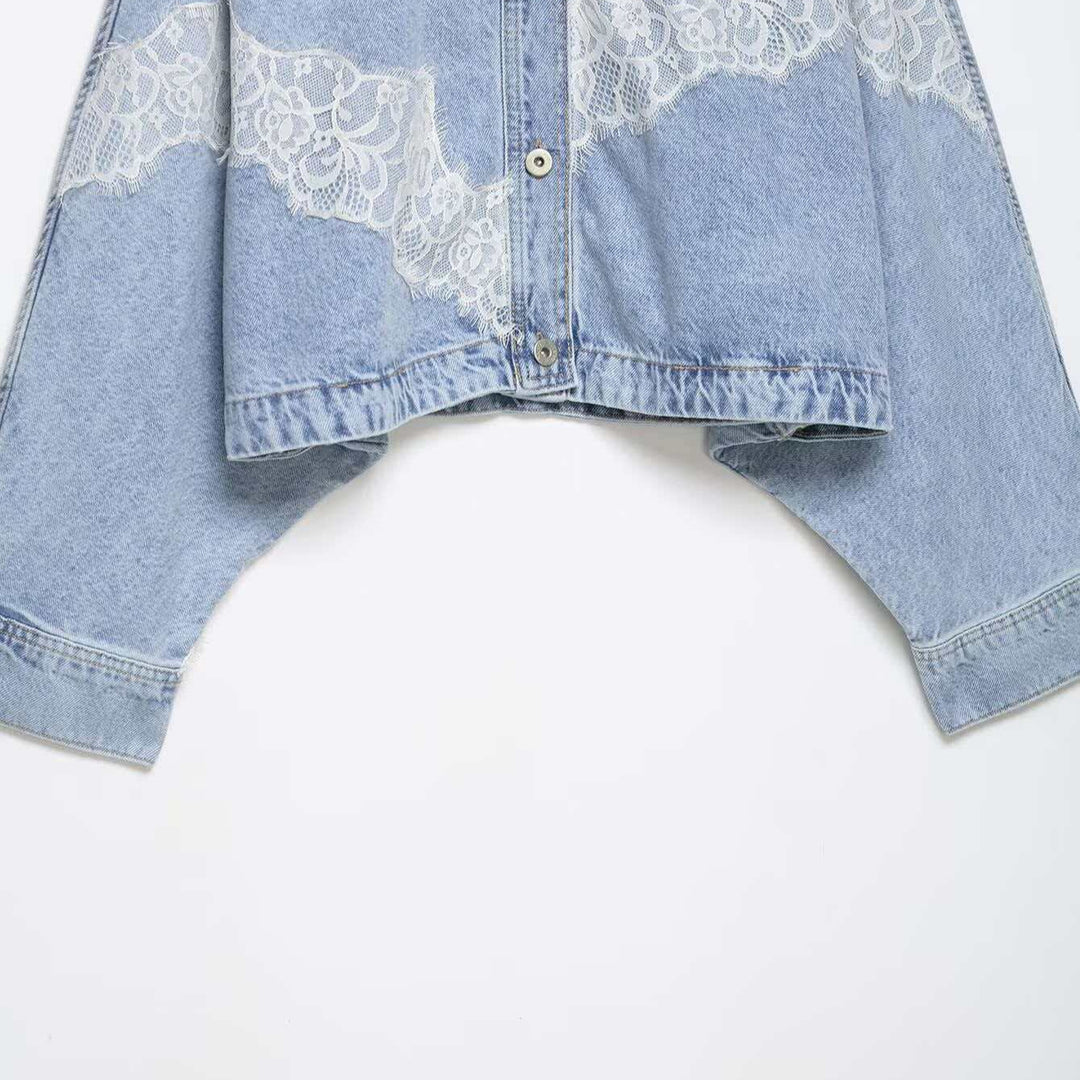 Damen nan oversized Denimjacke mit Spitzenbesatz, kastigem Cropped-Schnitt und überschnittenen Ärmeln Drune