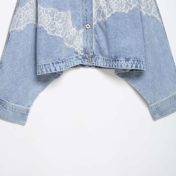 Damen nan oversized Denimjacke mit Spitzenbesatz, kastigem Cropped-Schnitt und überschnittenen Ärmeln Drune