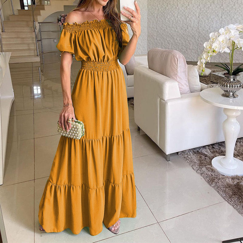 Damen Maxikleid mit schulterfreiem Design und voluminösen Rüschendetails Drune
