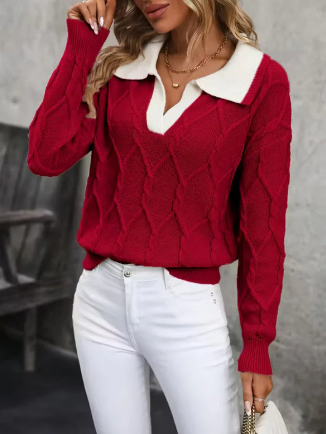 Damen Strickpullover mit klassischem Polokragen und Rautenstruktur Drune