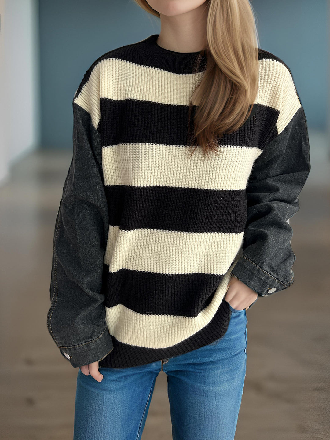 Damen gestreifter oversized Pullover mit weichem Baumwollmix und modernem Design Drune