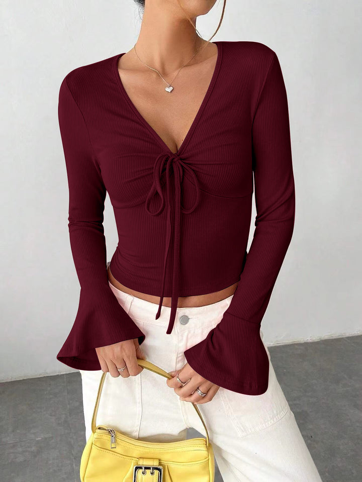 Damen Langarmshirt mit Krawatte und weiten Ärmeln Drune
