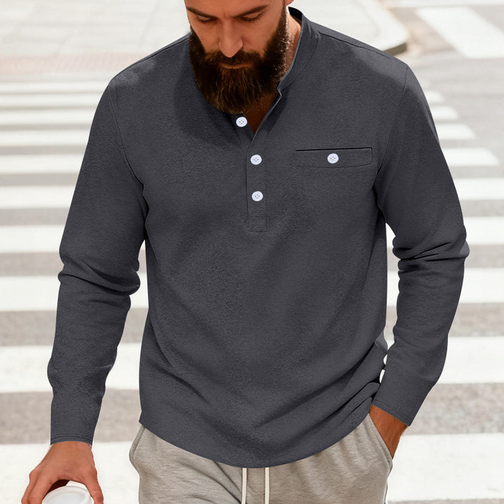 Herren nan lässiges Langarm-Henleyshirt aus Baumwollmischung mit Brusttasche Drune