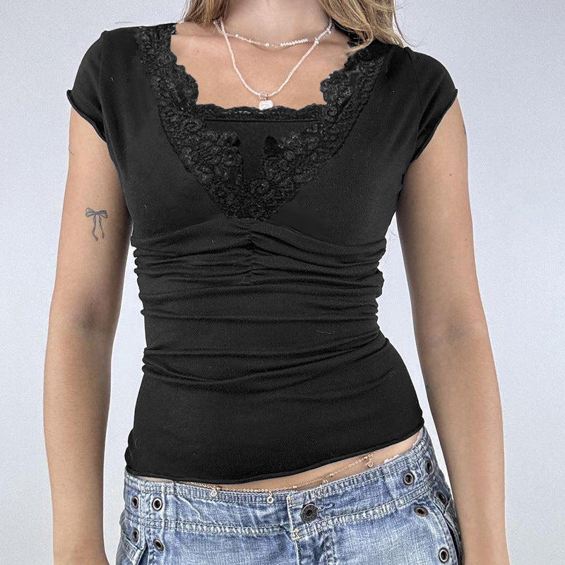 Damen elegantes Oberteil mit feinem Spitzenbesatz und Raffung Drune