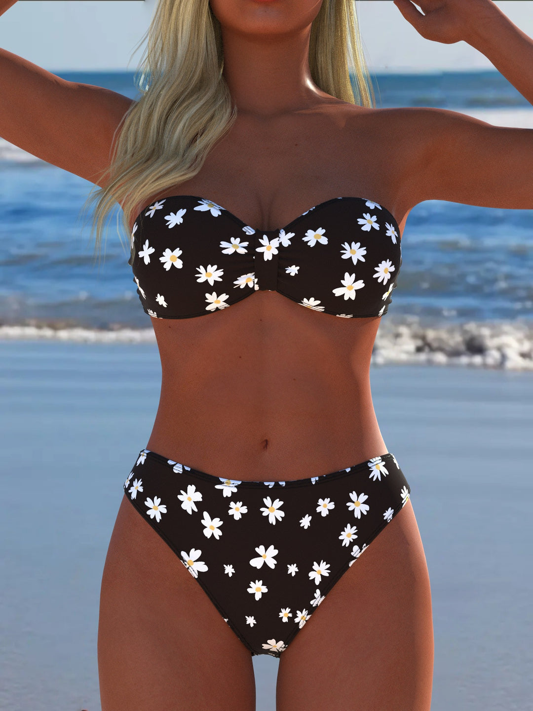 Damen Bandeau-Bikini mit floralem Design und hohem Taillenschnitt Drune