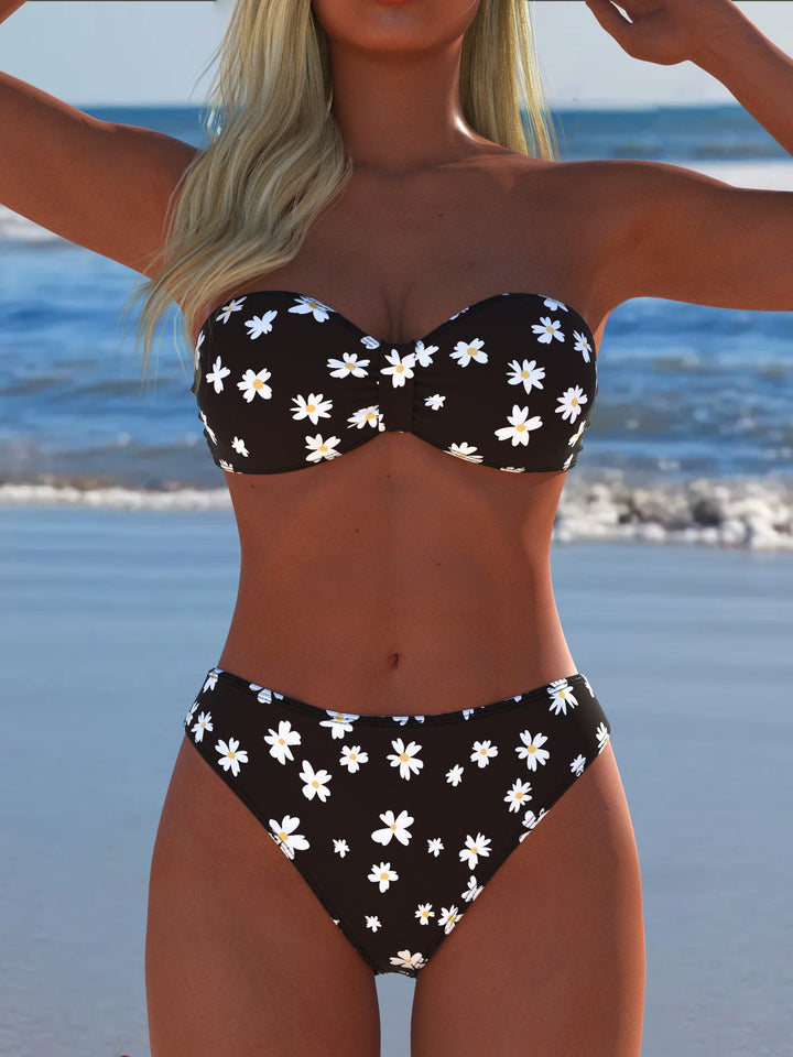 Damen Bandeau-Bikini mit floralem Design und hohem Taillenschnitt Drune