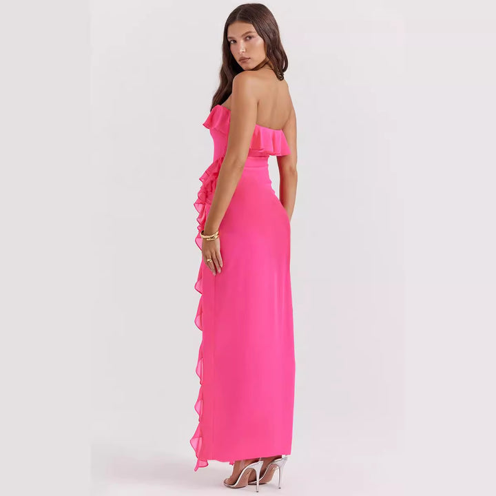 Damen Off-Shoulder Maxikleid mit Rüschen und Schlitz Drune