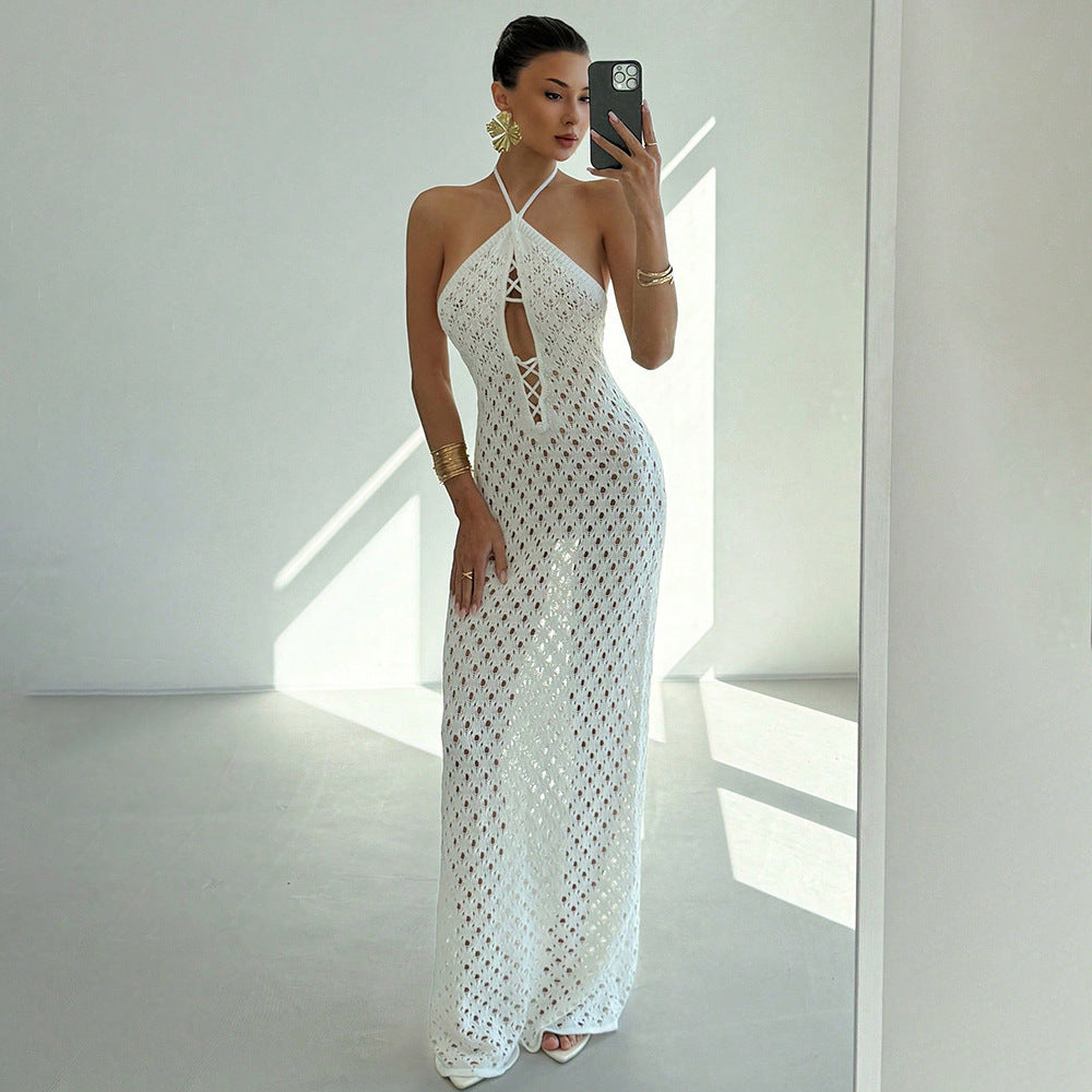 Damen Häkel-Maxikleid mit tiefer Ausschnitt Drune