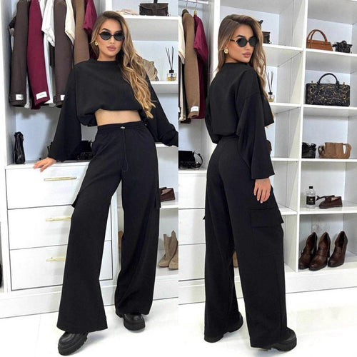 Damen lässiges Set mit cropped Oberteil und weiten Jogginghosen Drune