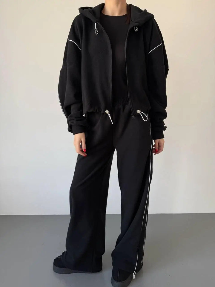 Damen lässiger Kapuzen-Sweatanzug mit weiten Hosen und seitlichem Streifen Drune