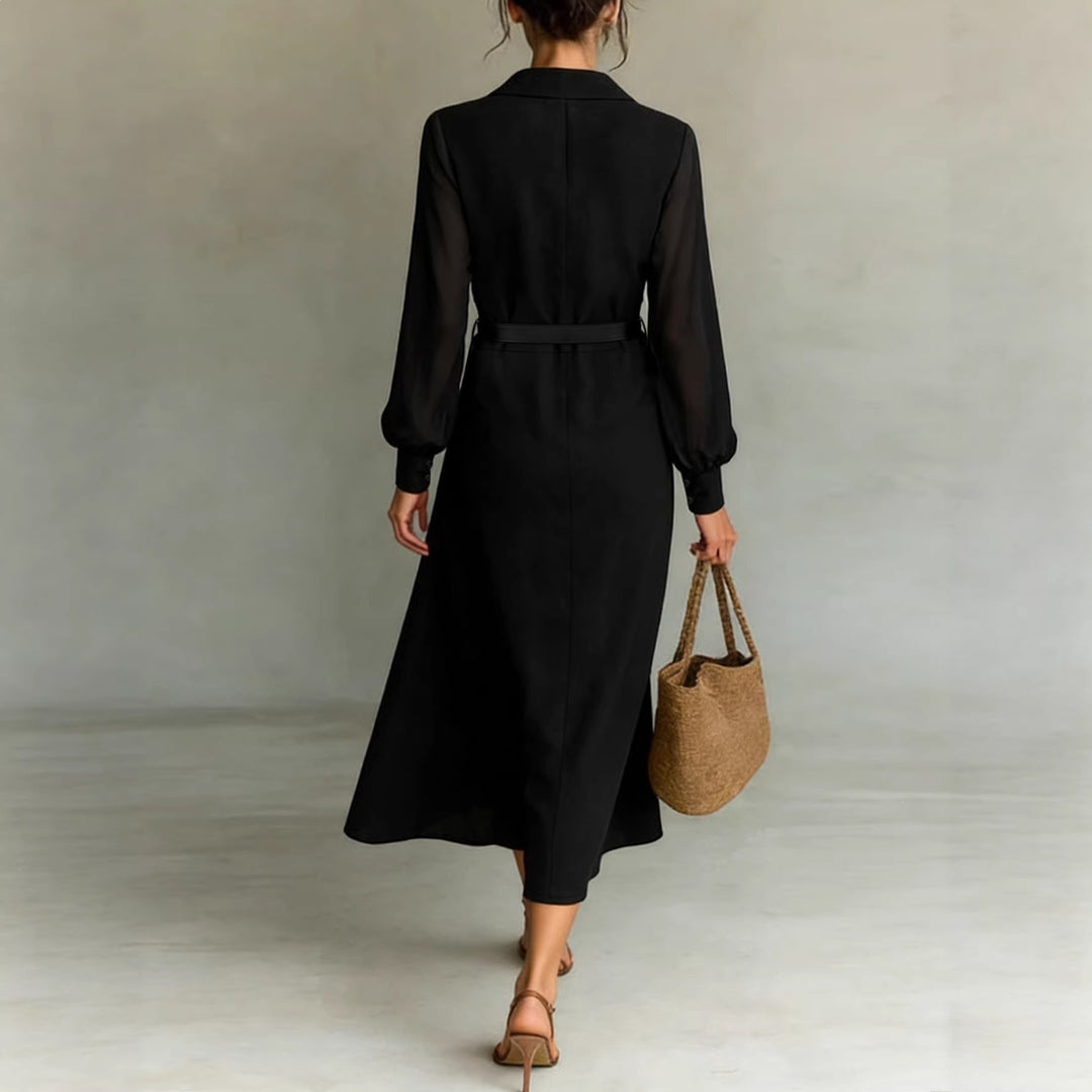 Damen Maxikleid mit transparenten Ärmeln und Taillengürtel Drune