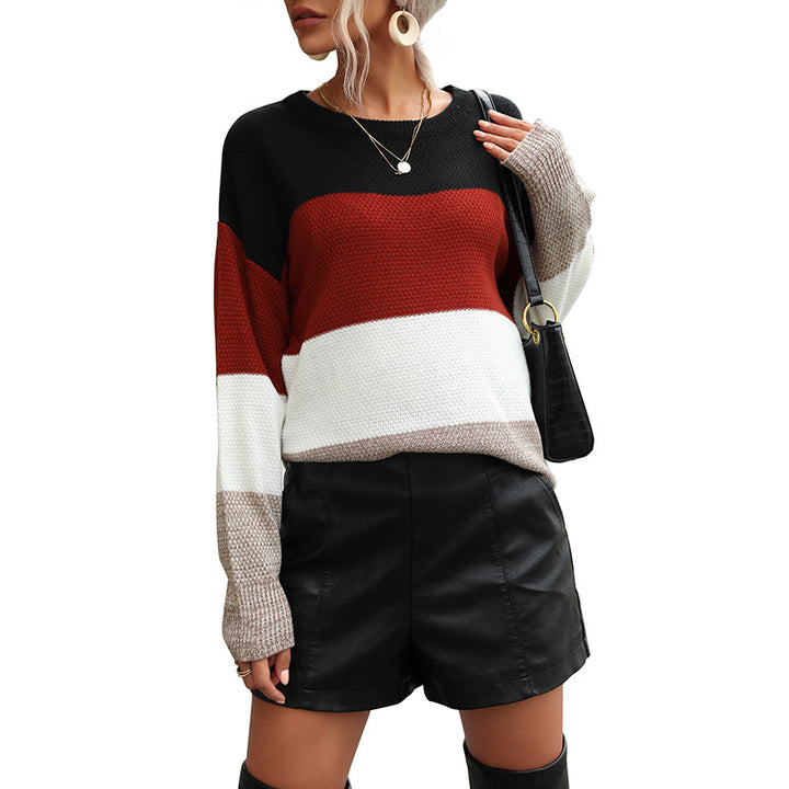 Damen lässiger Strickpullover mit modischem Blockmuster Drune