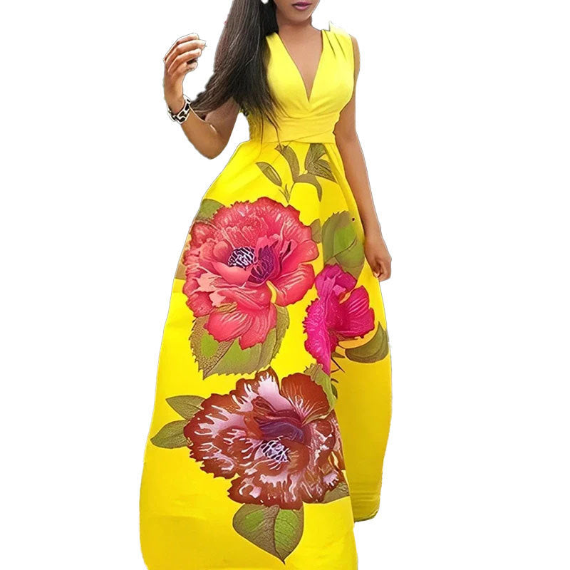 Damen Maxikleid mit elegantem V-Ausschnitt und blühendem Design Drune