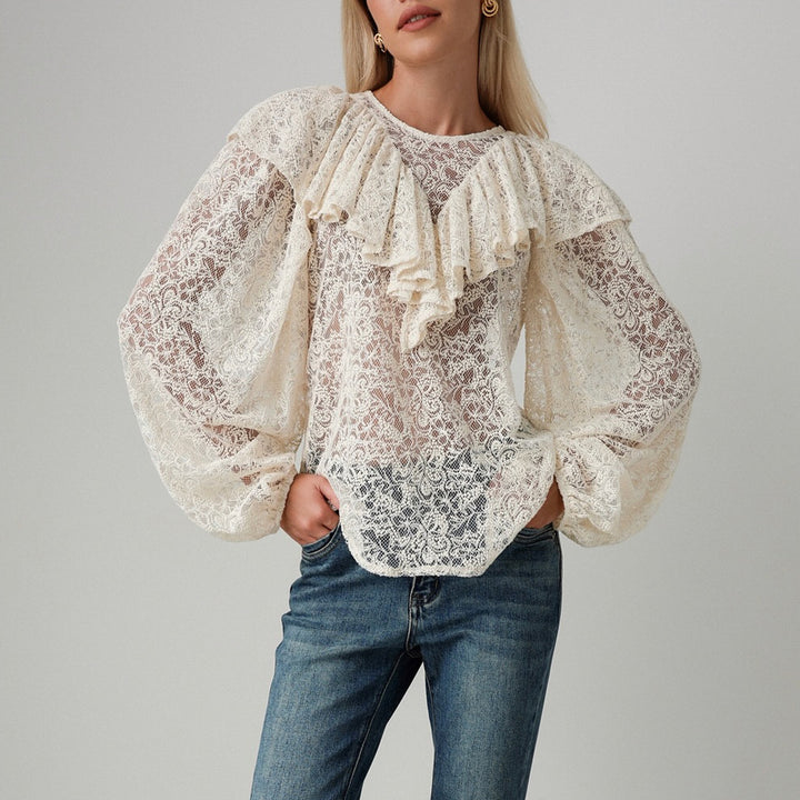 Damen Bluse mit voluminösen Rüschen und Spitzenmuster Drune