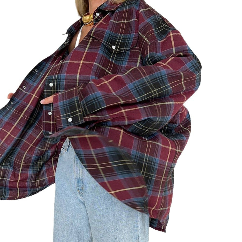 Damen Oversized Karo-Hemd mit drapiertem Schnitt und Druckknopf-Details Drune