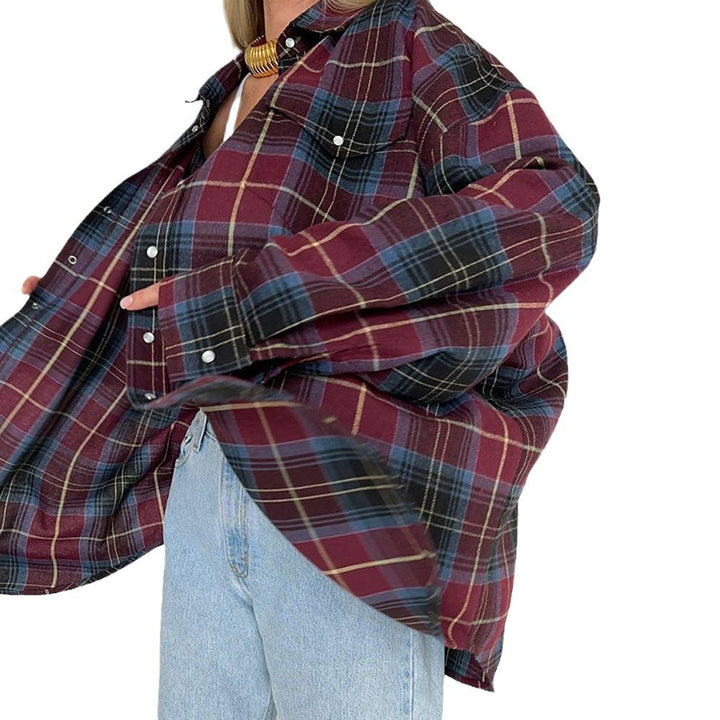 Damen Oversized Karo-Hemd mit drapiertem Schnitt und Druckknopf-Details Drune