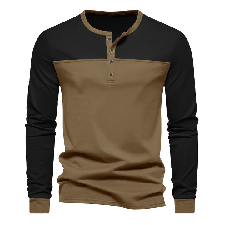 Herren nan zweifarbiges Langarmshirt im Henley-Stil mit Schulterpasse, kurzer Knopfleiste und Rippbündchen Drune