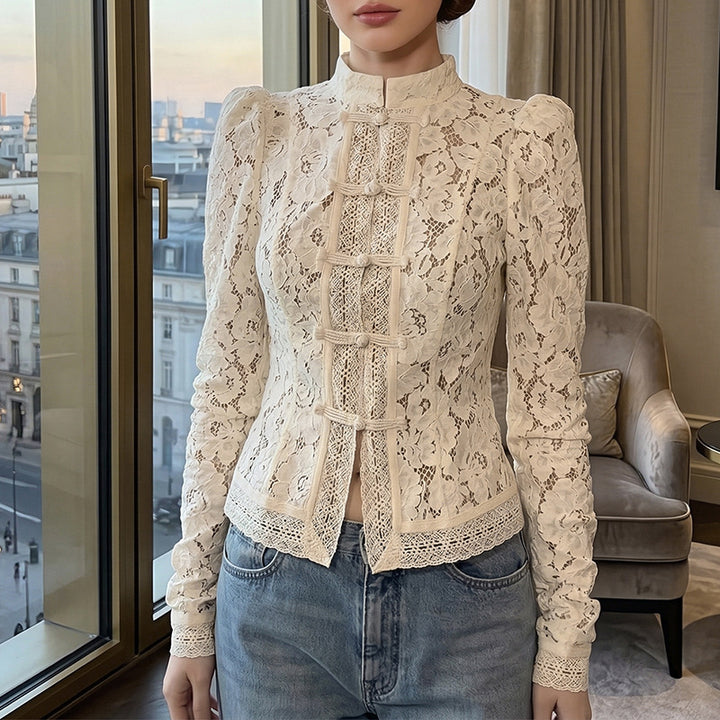 Damen Spitzenbluse mit strukturierten Details und elegantem Stehkragen Drune