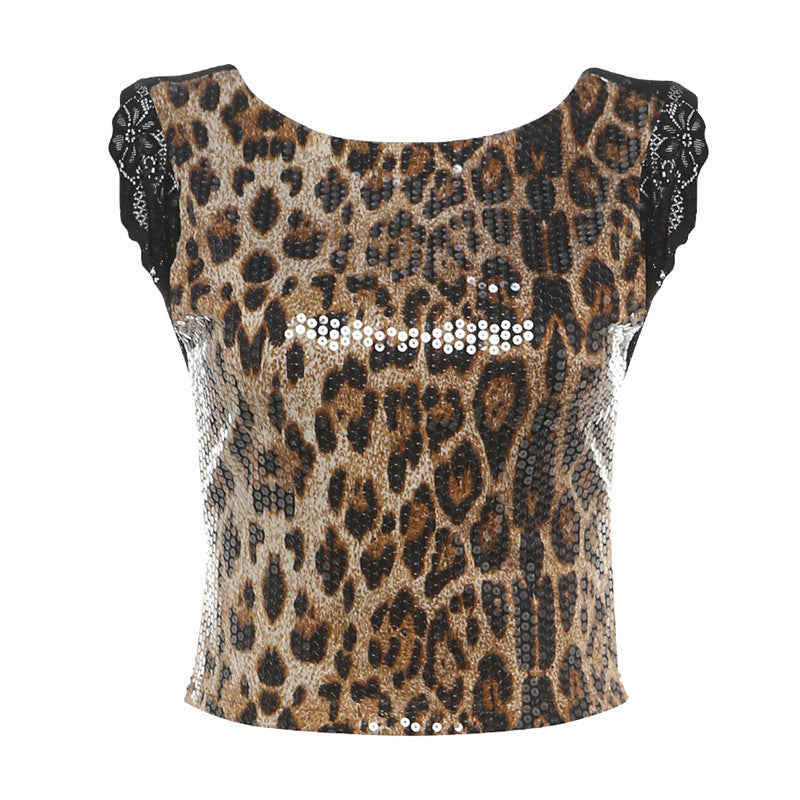 Damen Elegantes Leopardenmuster Kleid mit Glitzersteinen Drune