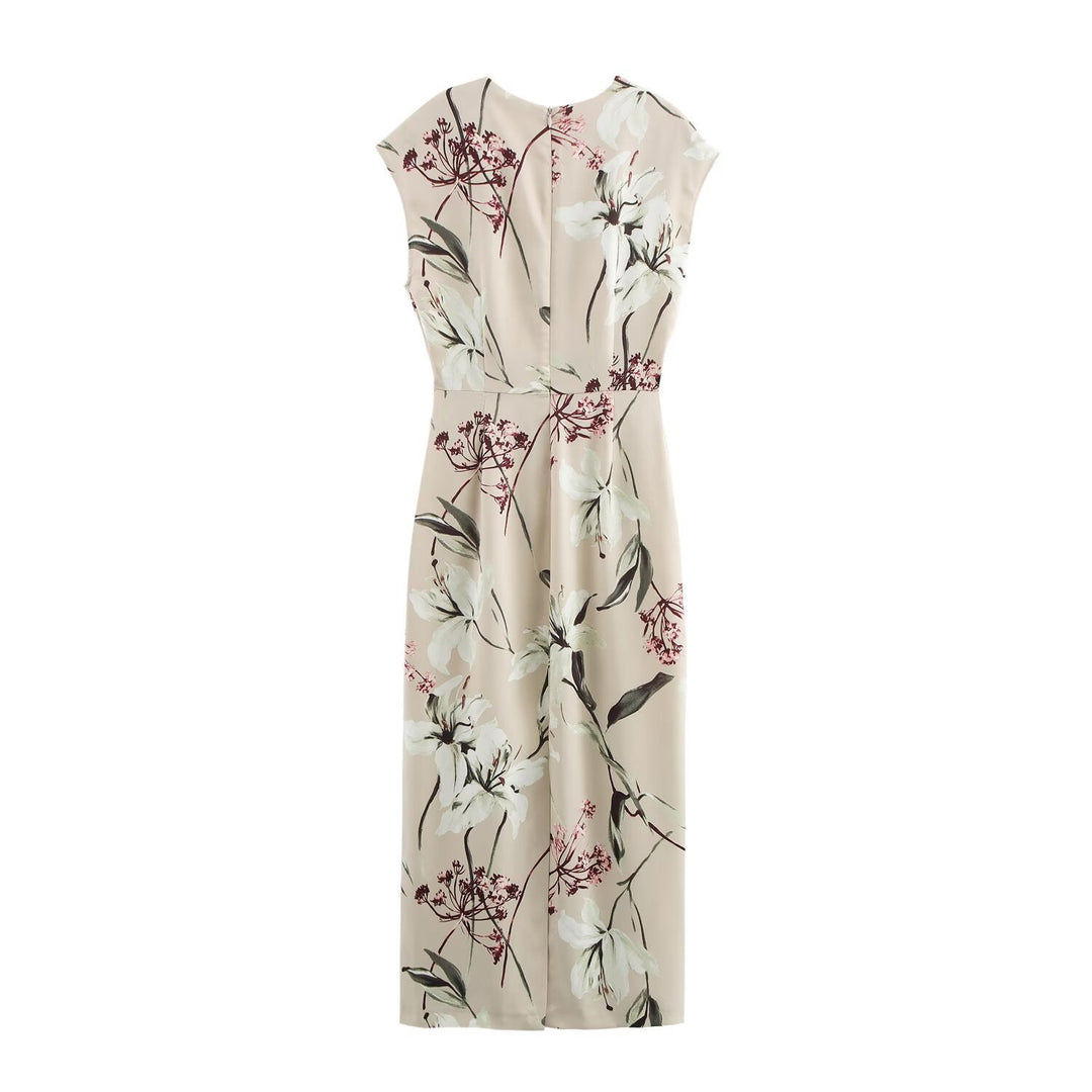 Drune | V-Ausschnitt Texturiertes Floral-Print Midi-Kleid