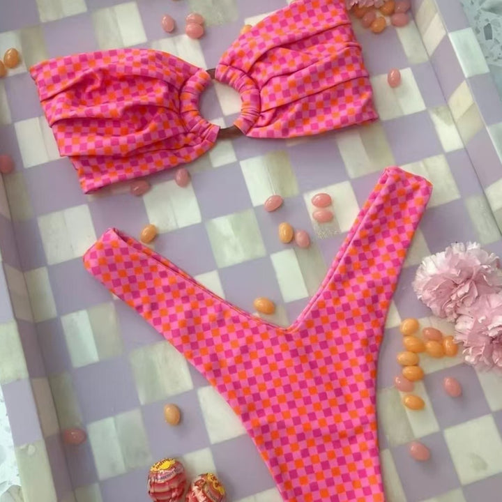 Damen Bandeau-Bikini mit Blumenmuster und Schlaufen-Detail Drune