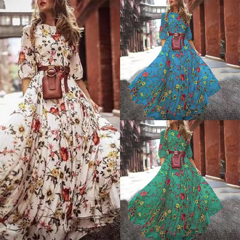 Damen Maxikleid mit floralem Design und voluminösen Ärmeln Drune