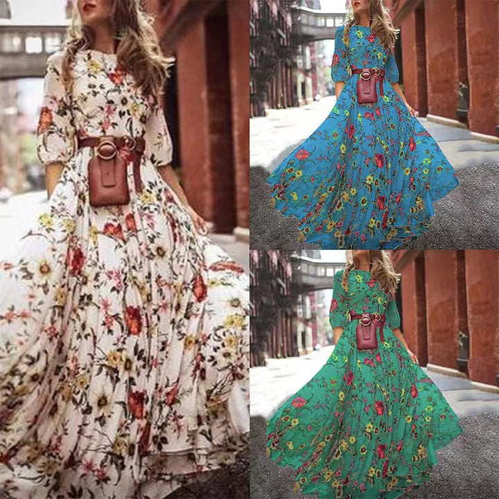 Damen Maxikleid mit floralem Design und voluminösen Ärmeln Drune