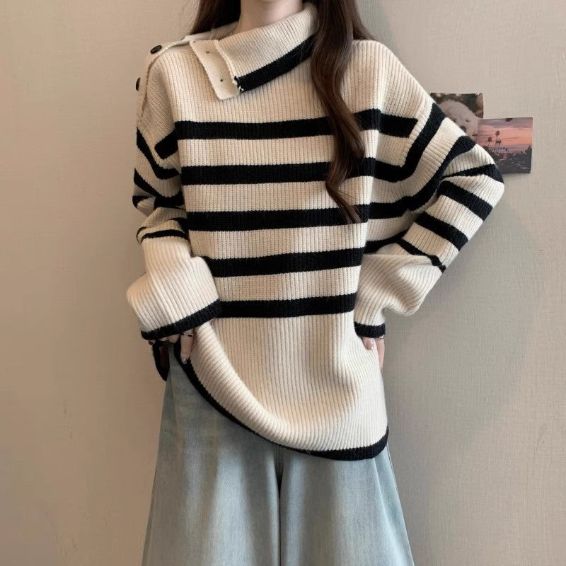 Damen Gestreifter Pullover mit modernem Kragen und Knopfdetails Drune