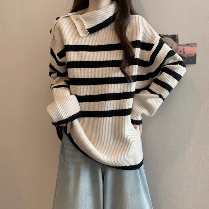 Damen Gestreifter Pullover mit modernem Kragen und Knopfdetails Drune