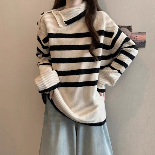 Damen Gestreifter Pullover mit modernem Kragen und Knopfdetails Drune