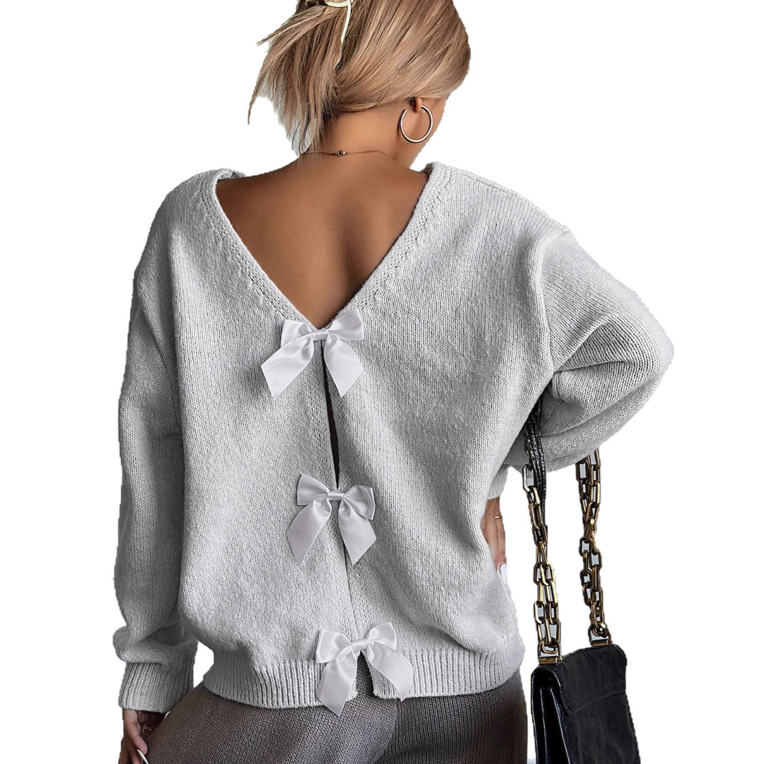 Damen modischer Strickpullover mit V-Ausschnitt und Schleifendetails Drune