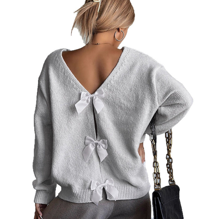 Damen modischer Strickpullover mit V-Ausschnitt und Schleifendetails Drune