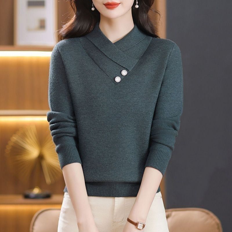 Damen eleganter Strickpullover mit schickem V-Ausschnitt und dekorativen Knopfdetails Drune