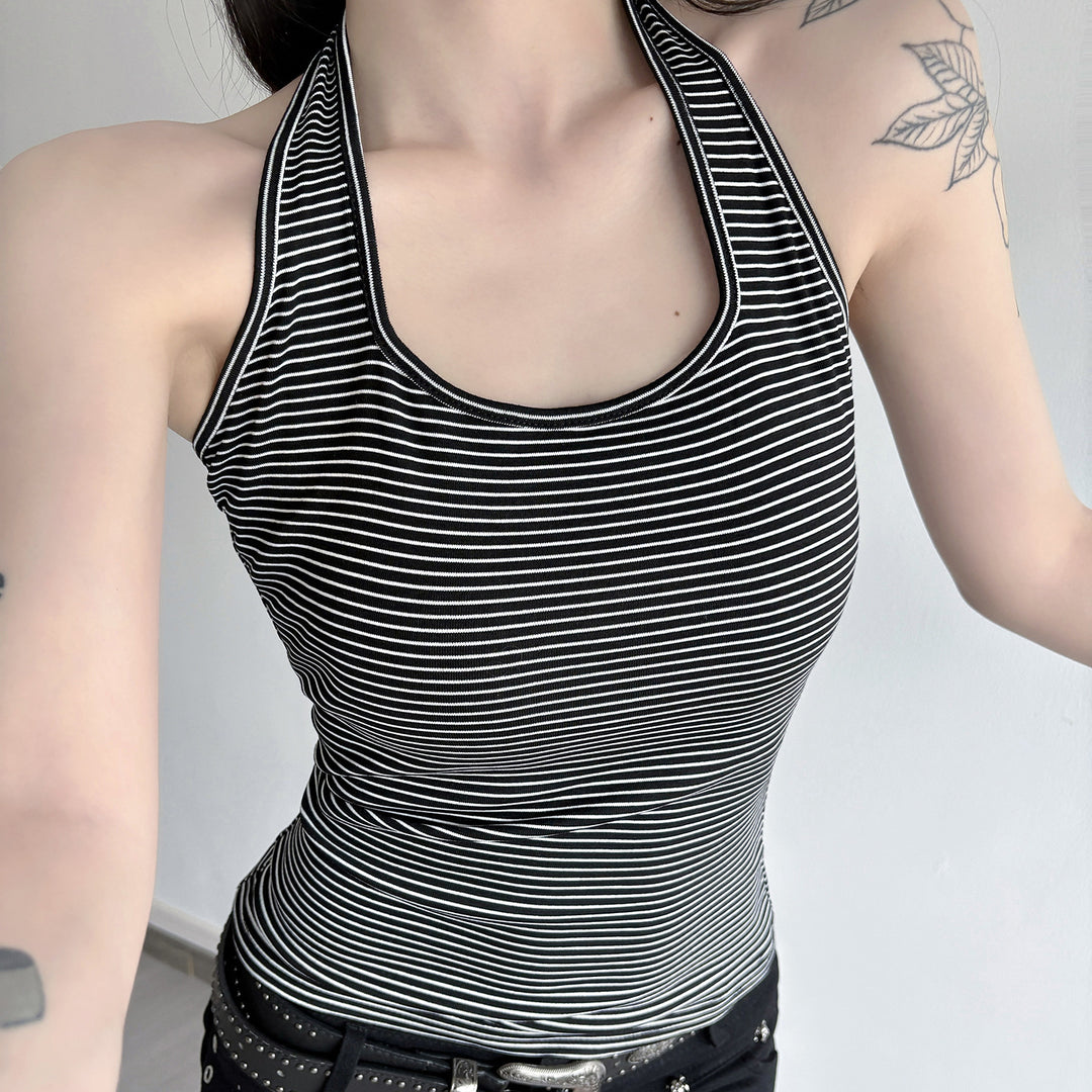 Damen Sportliches Haltertop mit breitem Kragen und feinen Streifen Drune