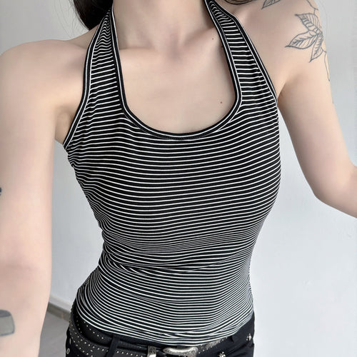 Damen Sportliches Haltertop mit breitem Kragen und feinen Streifen Drune