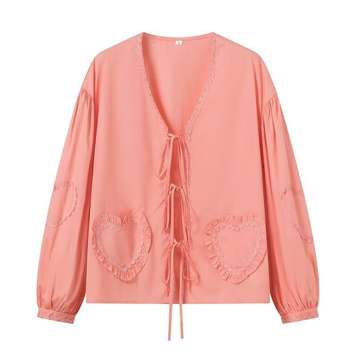 Damen Verspielte Bluse mit Herz-Applikationen und Rüschendetails Drune