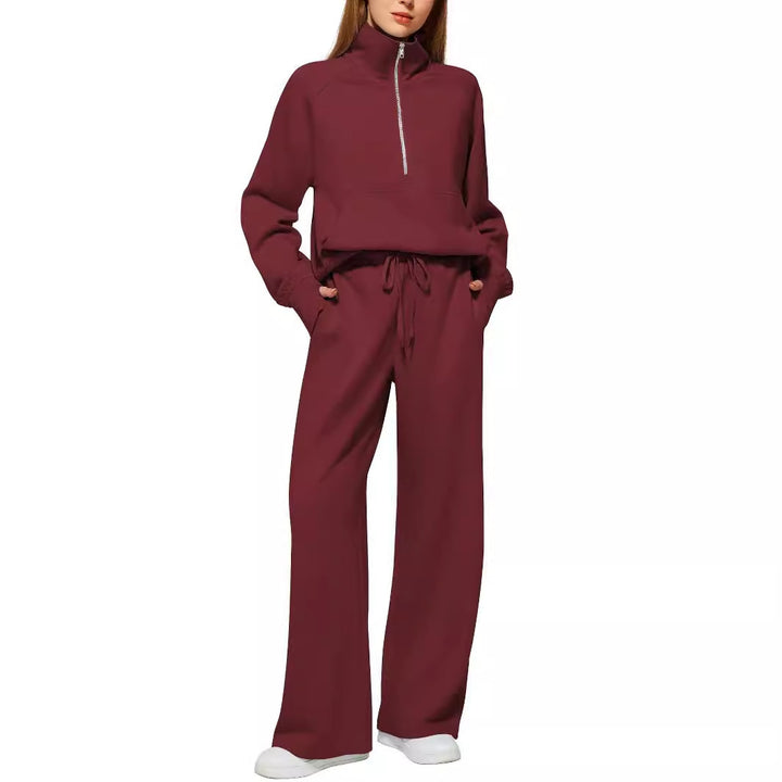 Damen nan halbzip Lounge-Set mit hohem Stehkragen, Kängurutasche und weiten Highwaist-Jogginghose Drune