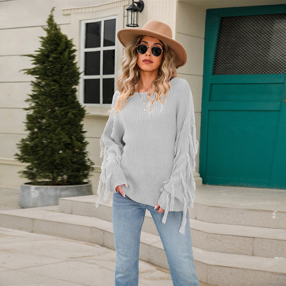 Damen lässiger Strickpullover mit Fransen und weitem Schnitt Drune