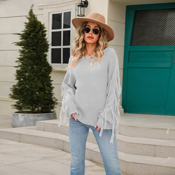 Damen lässiger Strickpullover mit Fransen und weitem Schnitt Drune