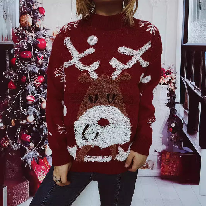 Damen Weihnachts-Pullover mit festlichem Rentier-Motiv und strukturiertem Strick Drune