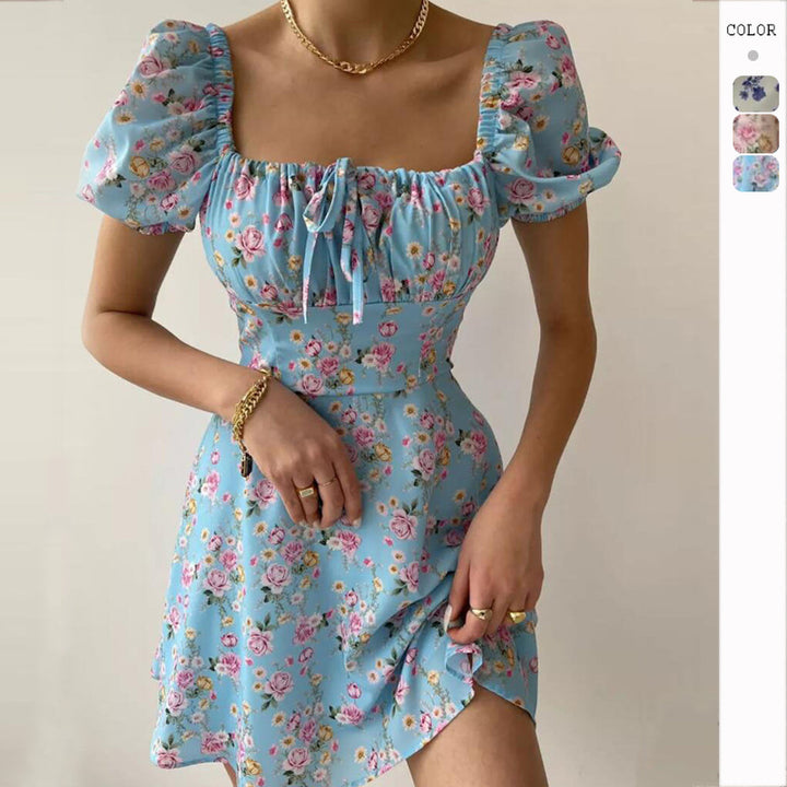 Damen Blütenmuster Mini-Kleid mit Puffärmeln Drune