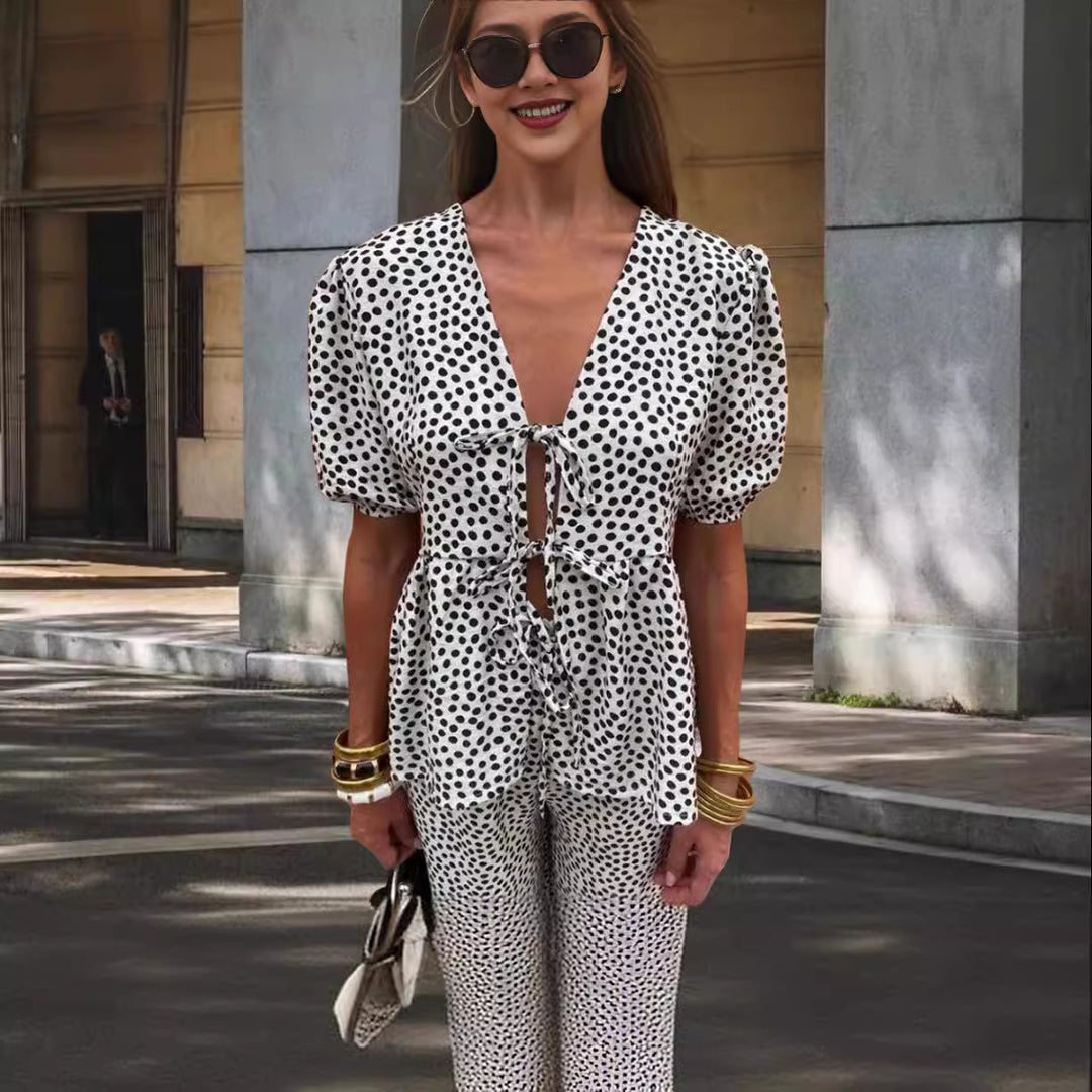 Damen Elegantes Set mit Puffärmeln und aufgesetzten Taschen Drune