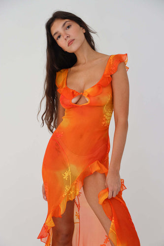 Damen elegantes Maxikleid mit verspielten Rüschendetails und tiefem Beinschlitz Drune