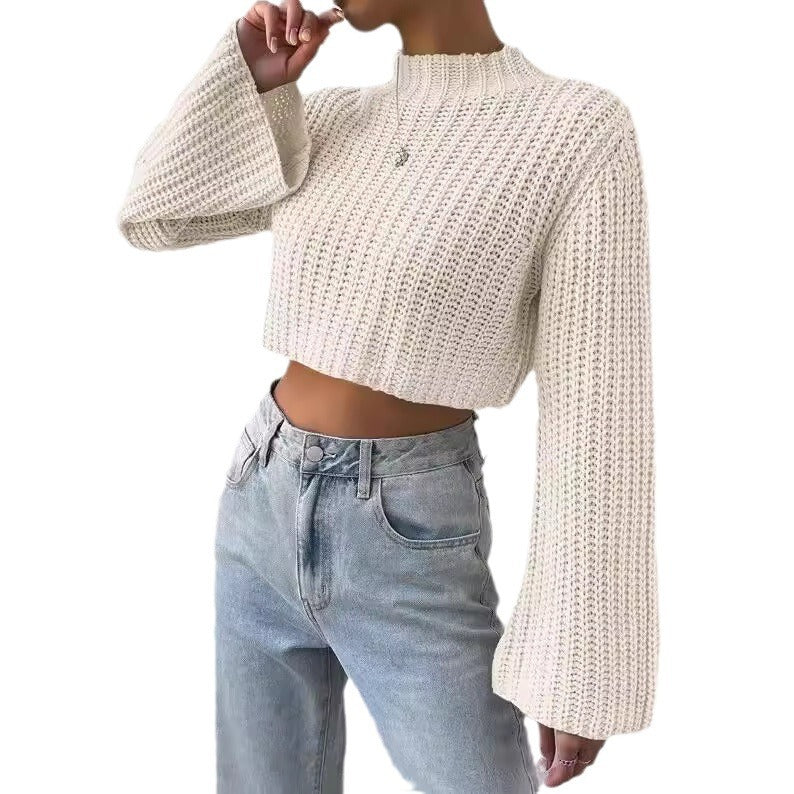 Damen lässiger Crop-Pullover mit weitem Arm und strukturiertem Design Drune