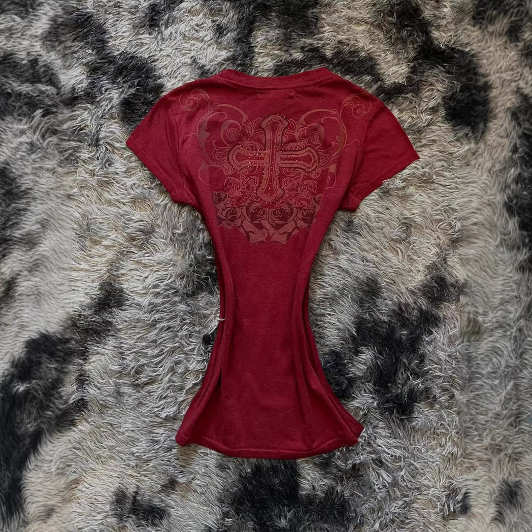 Damen T-Shirt mit aufwendig gestaltetem floralem Druck und Glitzerakzenten Drune